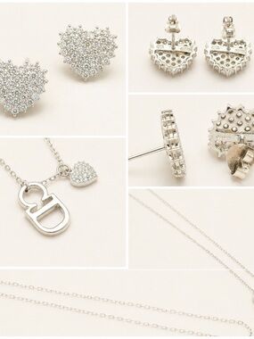 Sterling Silver Cubic Zirconia Heart Earrings & Silver-tone Dior/CD Necklace